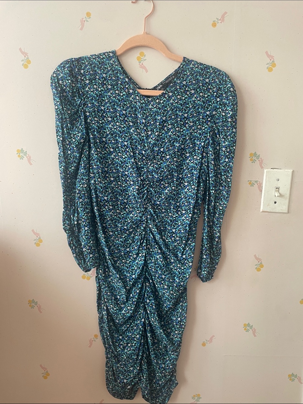Blue Floral Ruched Long-Sleeve Women's Dress